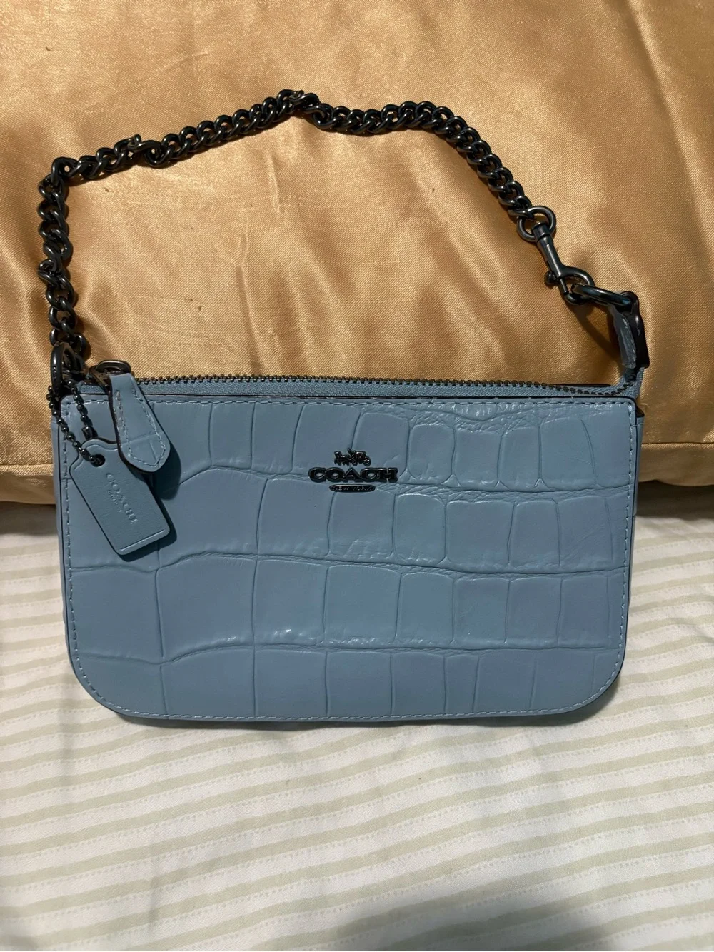 Coach Light Blue Croc-Embossed Leather Mini Shoulder Bag